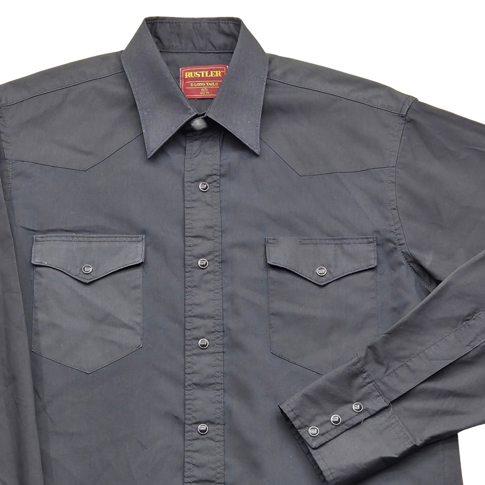 VTG Rustler Mens Black Long Sleeve Western Snap Shirt X Long Tails 15 1/2 34/35‎